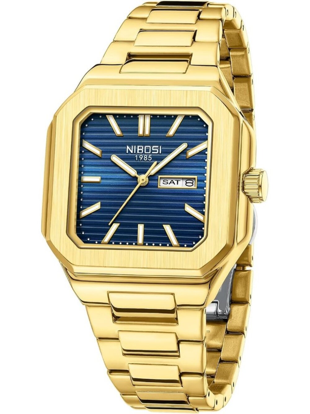 Nibosi Mens Gold Blue Analog Quartz Stainless Steel Waterproof Date Square Watch